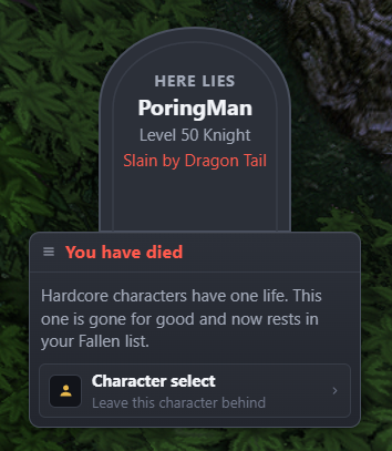 The tombstone shown when a hardcore character dies